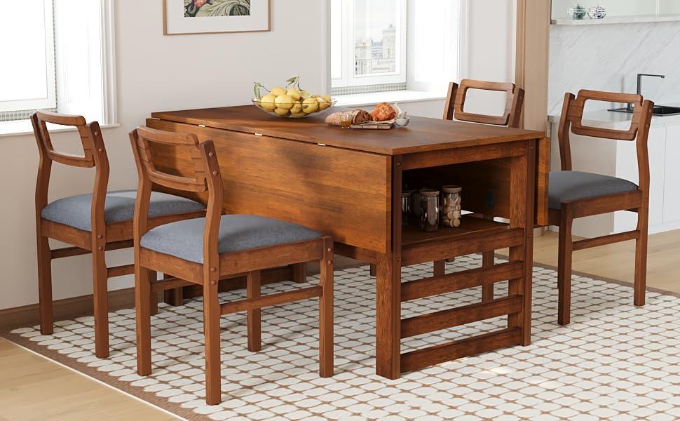 MAYEERTY Modern 5-Piece Extendable Square Dining Table Set with Storage Shelf, Brown