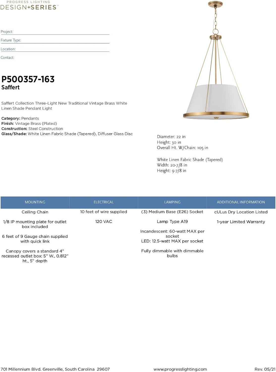 Progress Lighting Saffert 3-Light Pendant, Vintage Brass, White Linen Shade