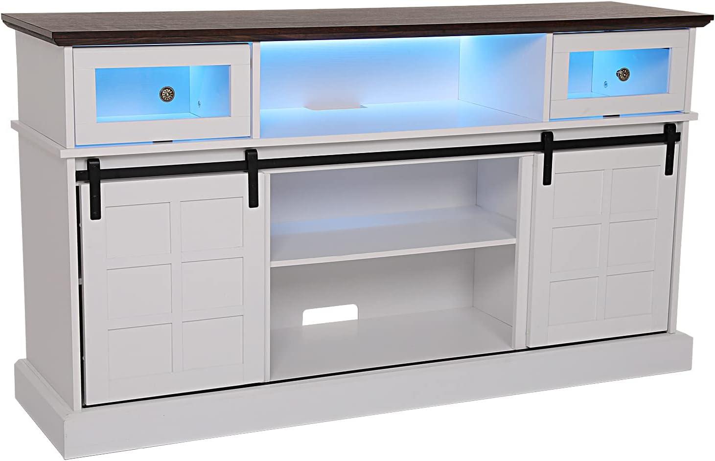 Farmhouse TV Stand W/LED Light, White TV Stand For 65 Inch Tvs, Entertainment Center TV Cabinet Stands With Flip Drawers, Sliding Barn Door TV Center Media Console Table For Living Room Bedroom