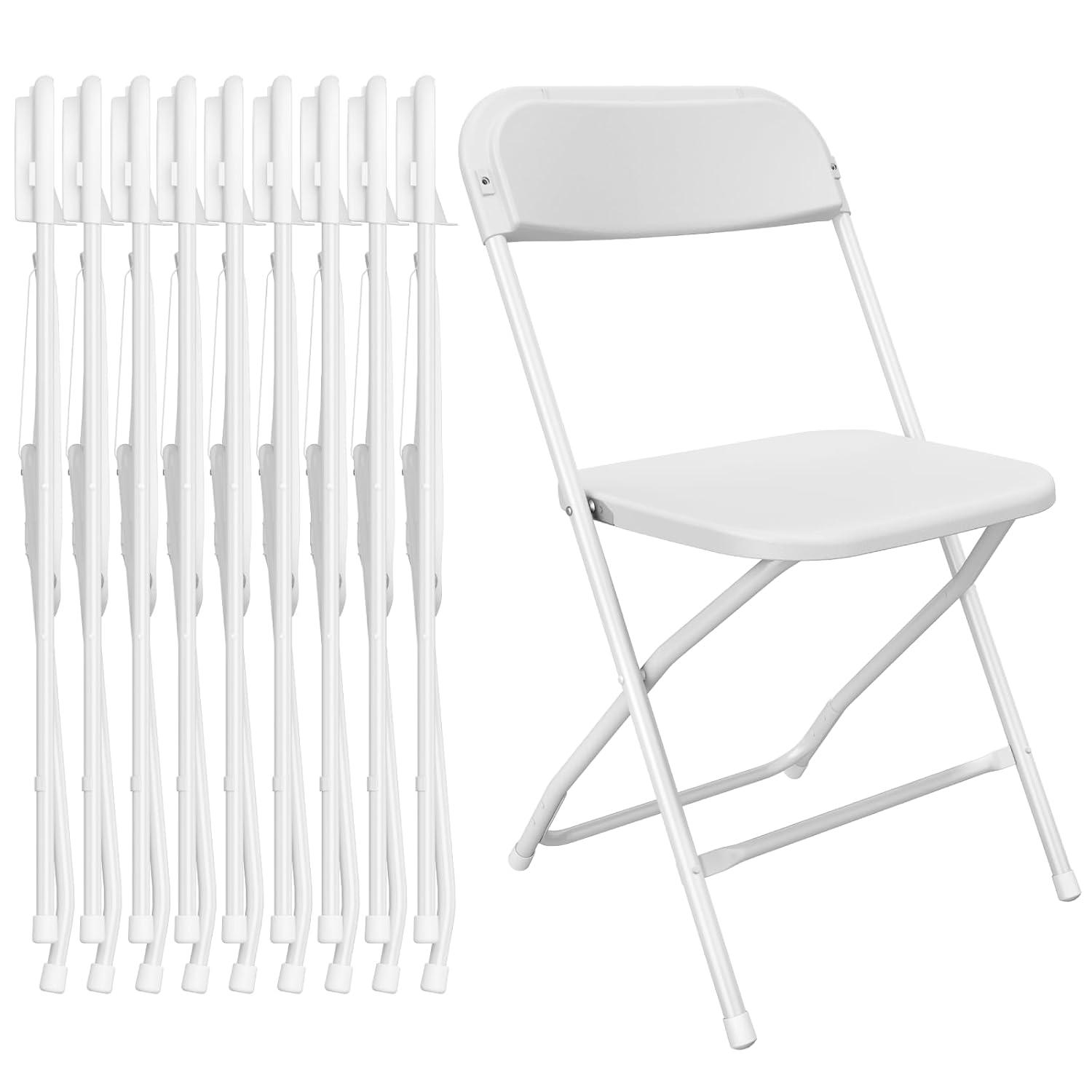 White Folding Chair, Plastic Folding Chairs 10 Pack for Outside, Indoor Outdoor Chairs with Steel Frame, Foldable Chair for Wedding Camping Dining Renting in Patio Lawn, 350LBS Capacity