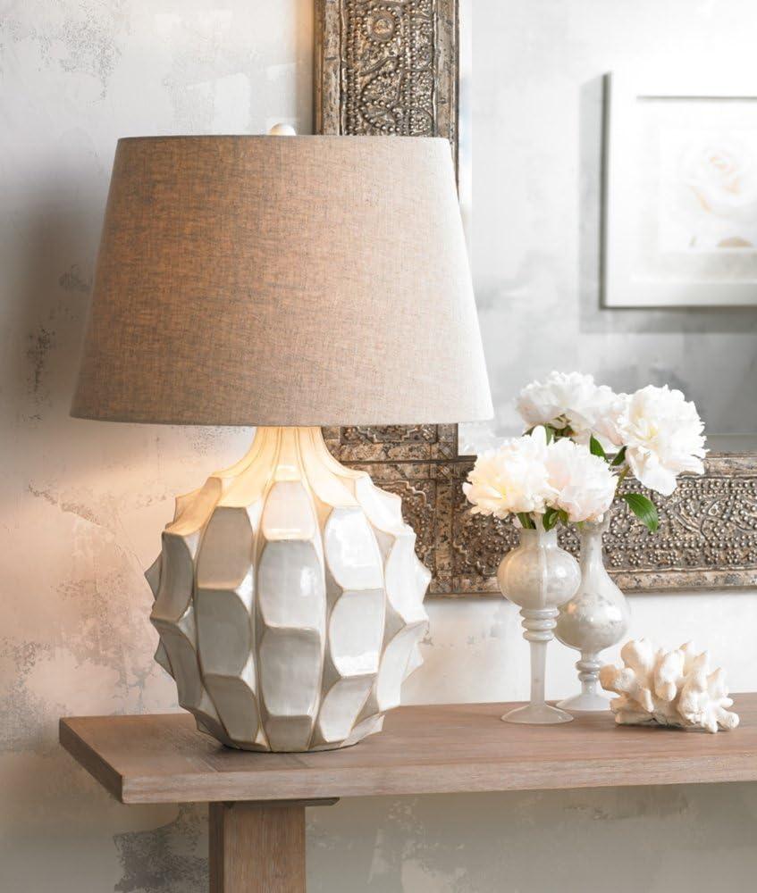 Possini Euro Design Cosgrove Modern Mid Century Table Lamp 26 1/2" High White Glazed Ceramic Light Brown Linen Drum Shade for Bedroom Living Room Home
