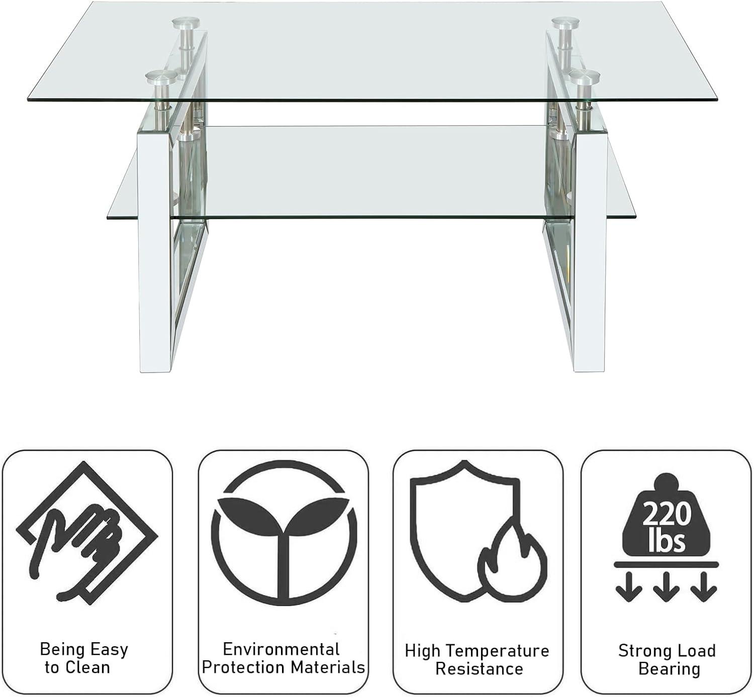 Gzxs Glass Coffee Table with 2 Tier Glass Boards & Sturdy Metal Legs, Mirrored Clear Rectangle Glass Cocktail Tea Table for Home Office, Silver