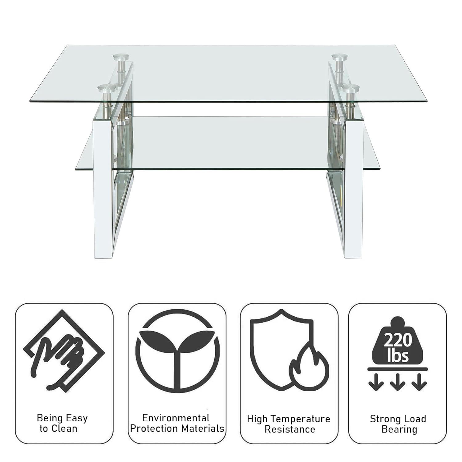 Gzxs Glass Coffee Table with 2 Tier Glass Boards & Sturdy Metal Legs, Mirrored Clear Rectangle Glass Cocktail Tea Table for Home Office, Silver