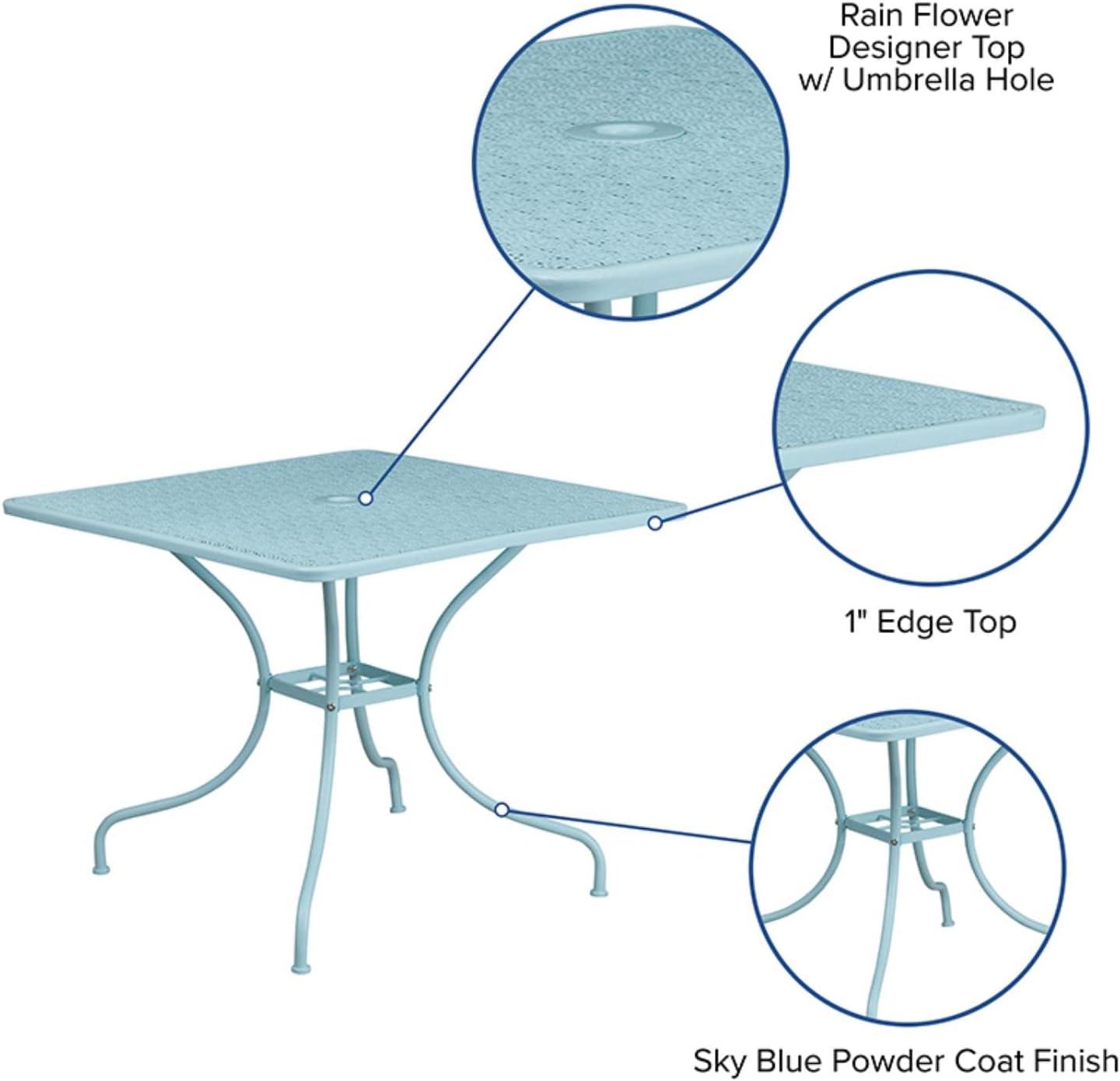 Flash Furniture Oia Commercial Grade 35.5" Square Sky Blue Indoor-Outdoor Steel Patio Table with Umbrella Hole