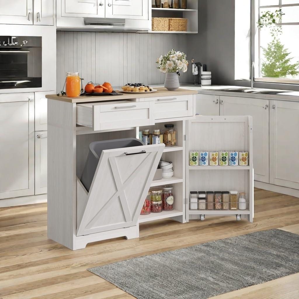 Coraluna Tilt Out Trash Can Cabinet for 10 Gallon Kitchen Island w/ Drawers Freestanding