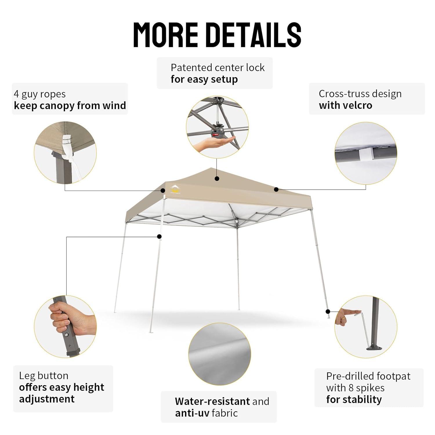CROWN SHADES 6.5x6.5 Pop up Canopy Tent, Slant Leg Pop Up Beach Tent, 3 Height, Base 8x8 ft, Top 6.5x6.5 ft, Outdoor Canopy with Carry Bag, Beige