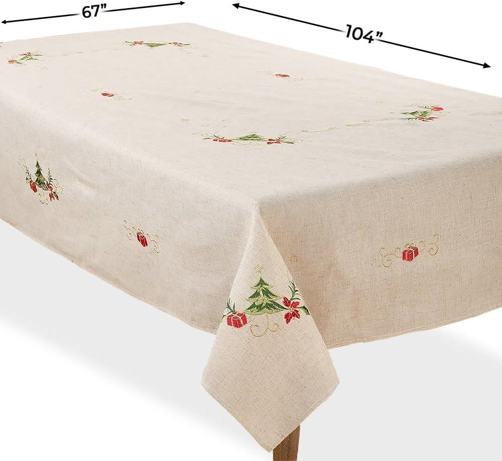 Saro Lifestyle Embroidered Christmas Tree Design Holiday Linen Blend Tablecloth, 67"x104", Beige