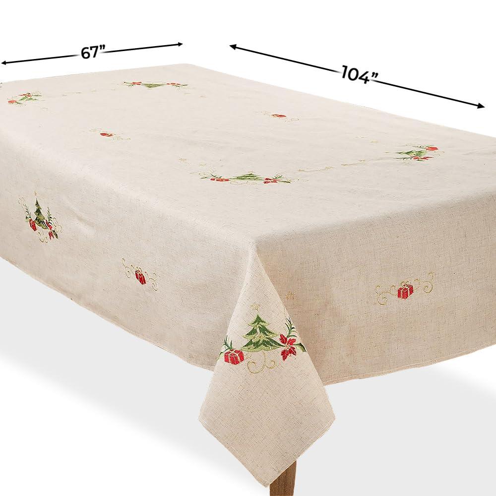 Saro Lifestyle Embroidered Christmas Tree Design Holiday Linen Blend Tablecloth, 67"x104", Beige