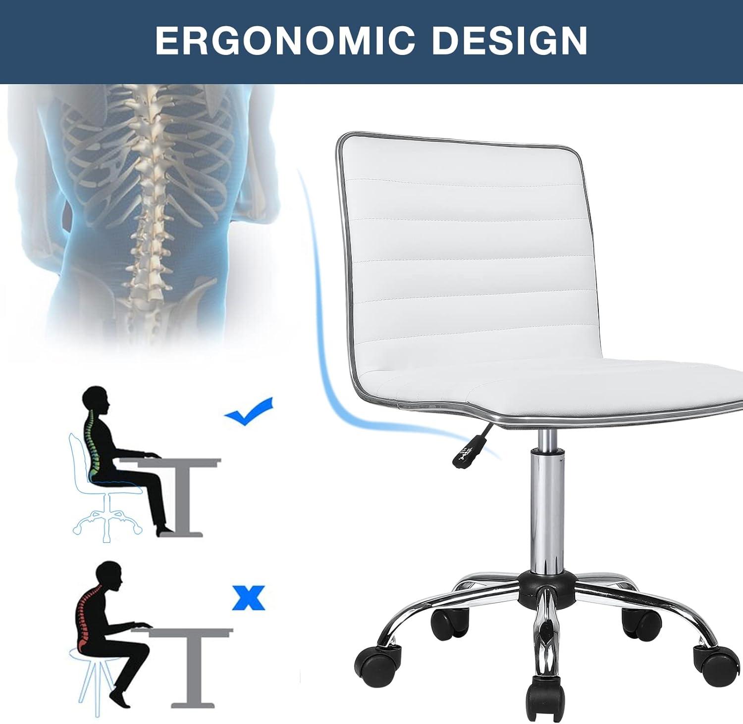 BOSSIN Adjustable Home Office Chair, Mid-Back Armless Ribbed Swivel Task Chair,Vanity Chair for Small Space, Living Room, Make-up, Studying (White)