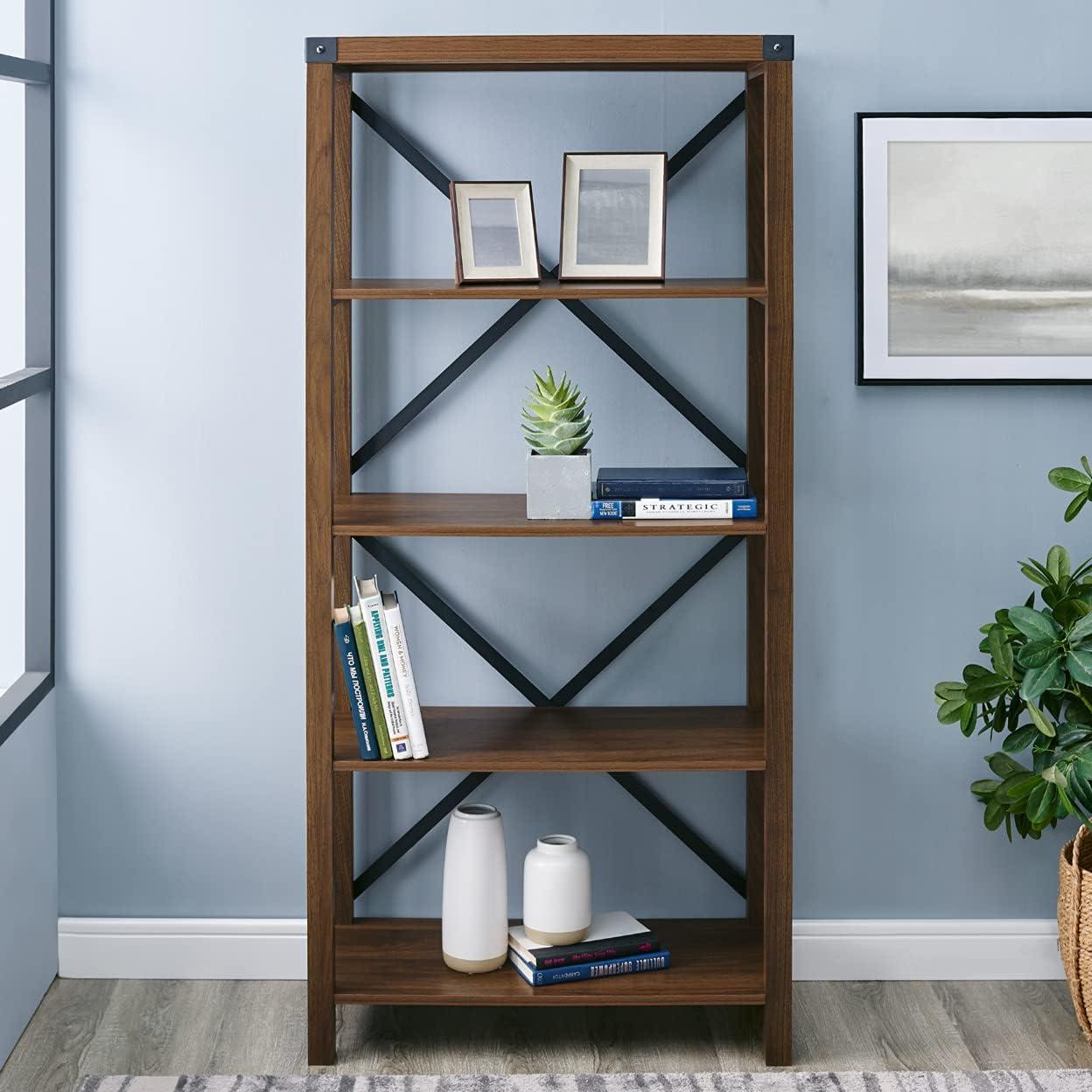 Rustic Industrial Dark Walnut 64" Wall Mount Bookshelf with Metal Accents