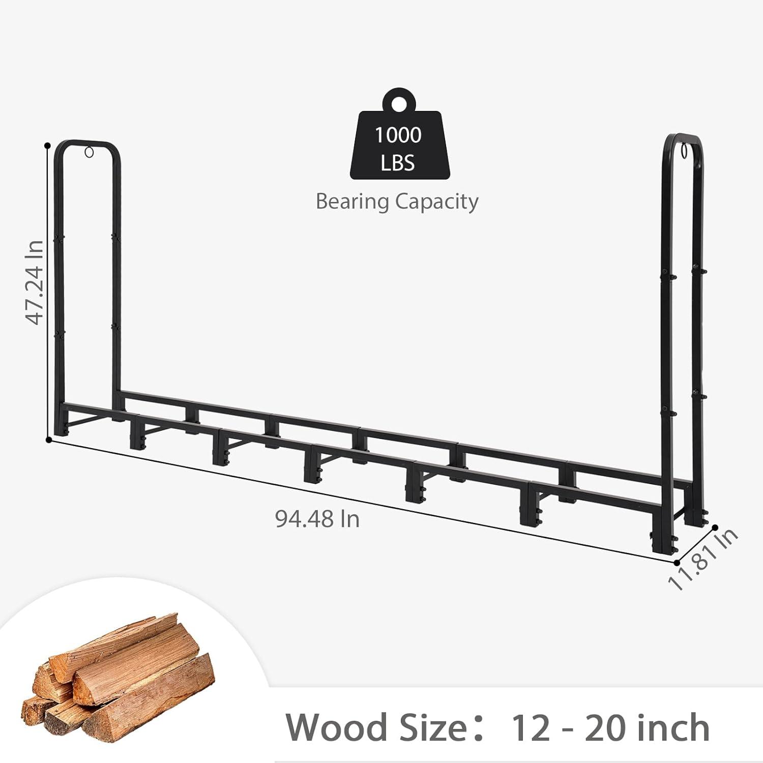 8ft Black Powder Coated Outdoor Firewood Rack with Cover