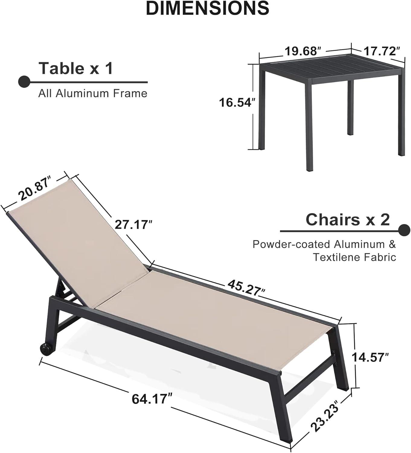 PURPLE LEAF Outdoor Chaise Lounge with Wheels for Outside 2 Pieces Aluminum Patio Lounge Chair with 5 Adjustable Position for Outdoor, Beach, Yard, Pool, Side Table Included, Light Grey