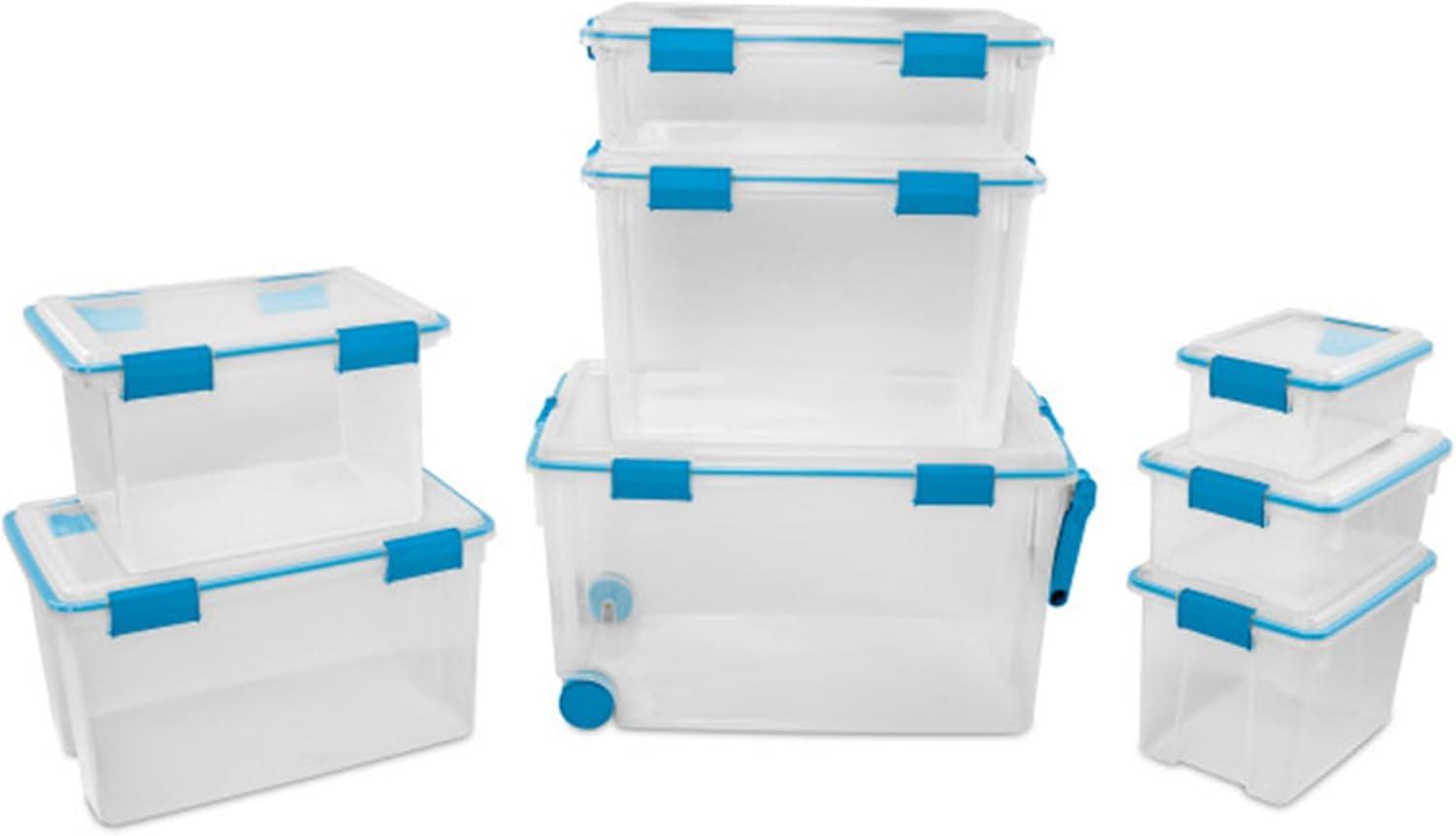 Sterilite 12 Qt Gasket Box, Stackable Storage Bin with Latching Lid and Tight Seal Plastic Container to Organize Basement, Clear Base and Lid, 12-Pack