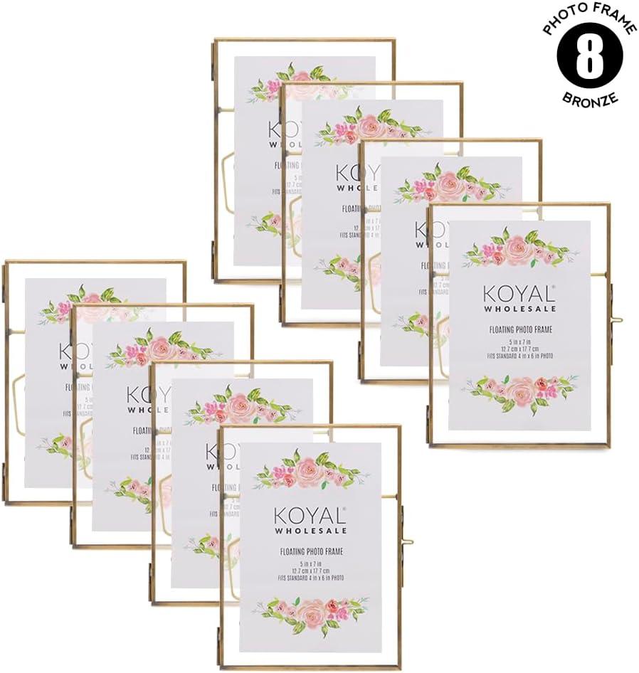 Koyal Wholesale Pressed Glass Floating Photo Frames 5 x 7 Frame, Antique Gold 8-Pack Use Horizontal or Vertical