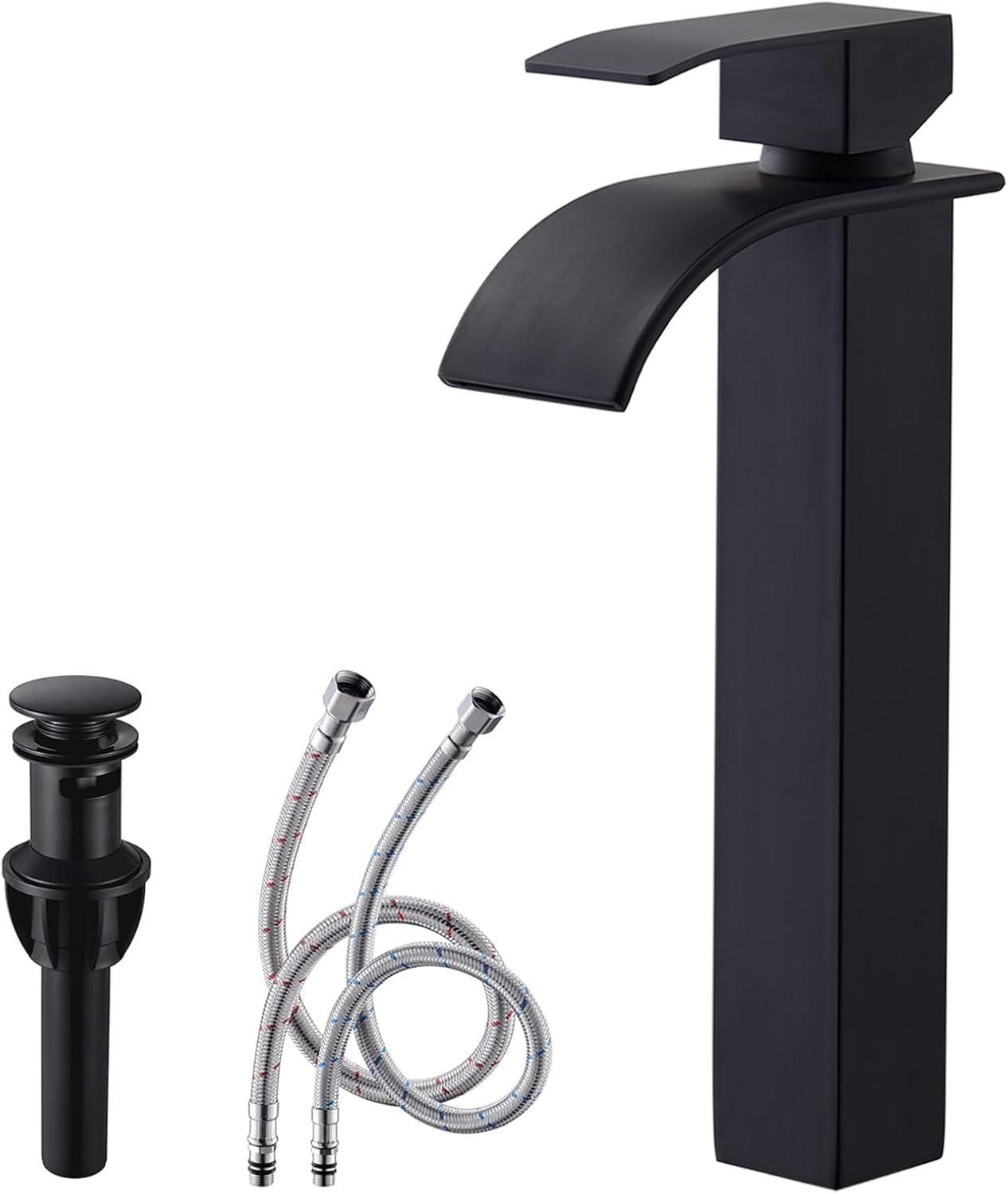Waterfall Bathroom Faucet Single Handle，Bathroom Sink Faucet 1 Hole，Waterfall Faucet for Bathroom Sink，Vessel Sink Faucet Matte Black Tall Bathroom Faucet