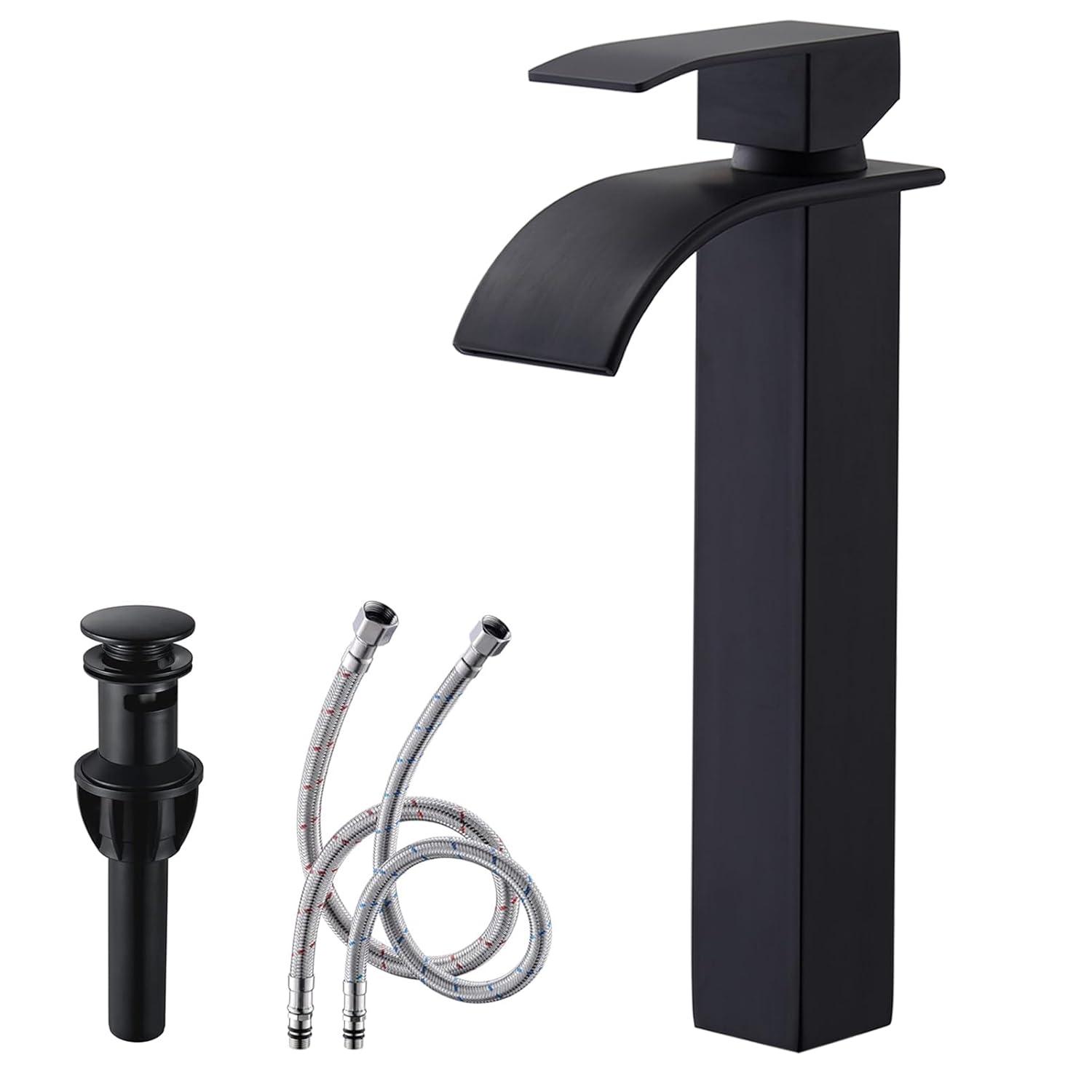 Waterfall Bathroom Faucet Single Handle，Bathroom Sink Faucet 1 Hole，Waterfall Faucet for Bathroom Sink，Vessel Sink Faucet Matte Black Tall Bathroom Faucet