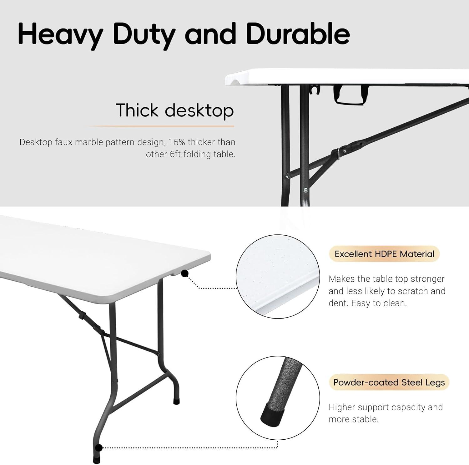 6-Foot White HDPE Foldable Dining Table with Alloy Steel Legs