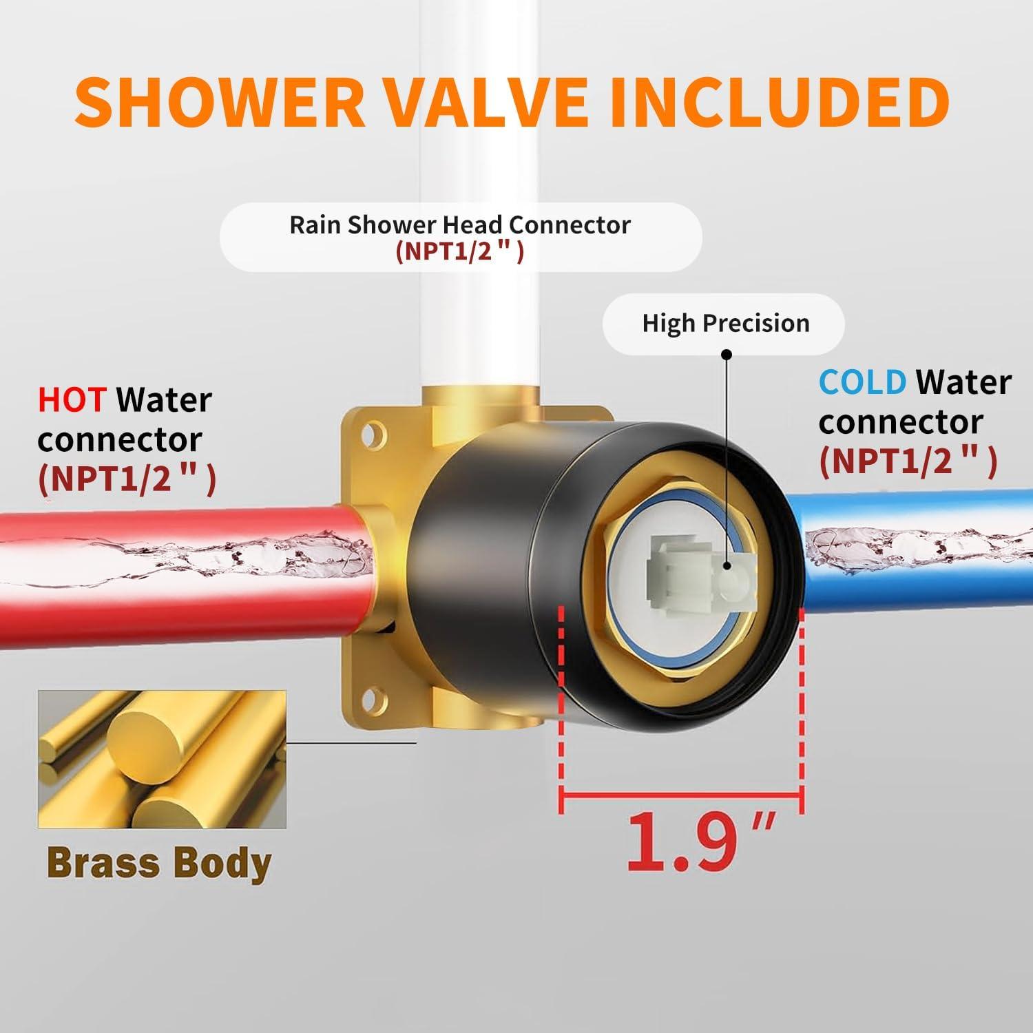 Black Shower Faucet Shower Trim Kit with Mixer Valve 8in Rain Shower Head Combos