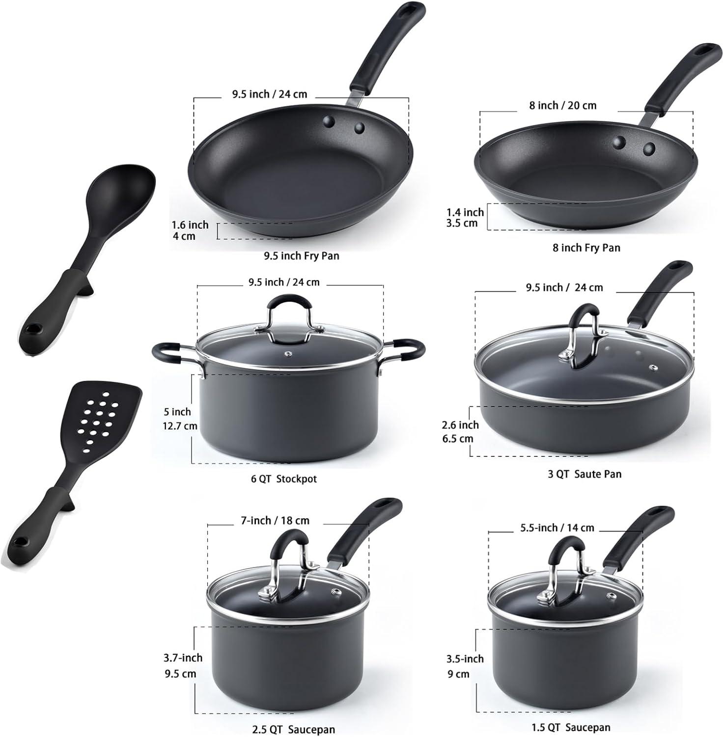 12-Piece Black Aluminum Nonstick Cookware Set with Glass Lids