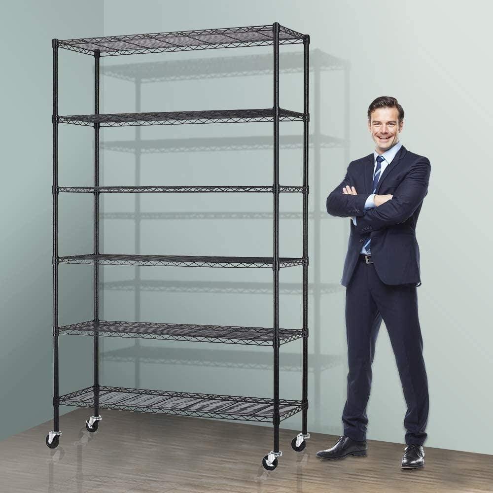 6-Tier Black Adjustable Steel Wire Shelving Unit with Wheels