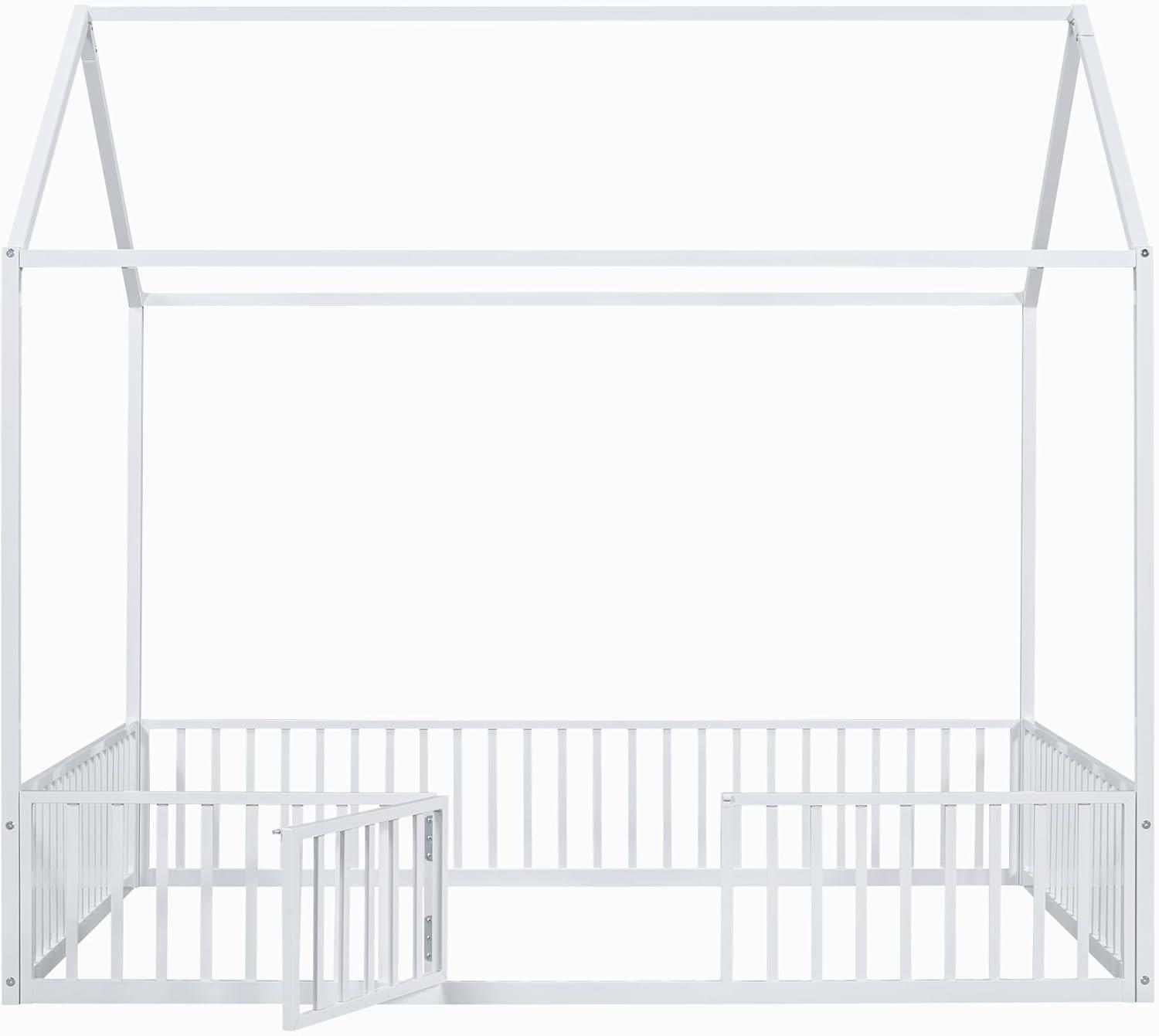 Full Floor Bed with Door and Fence, Metal Montessori Bed Full Size, Kids Montessori Floor Bed with Roof/House for Kids, Girls, Boys, White