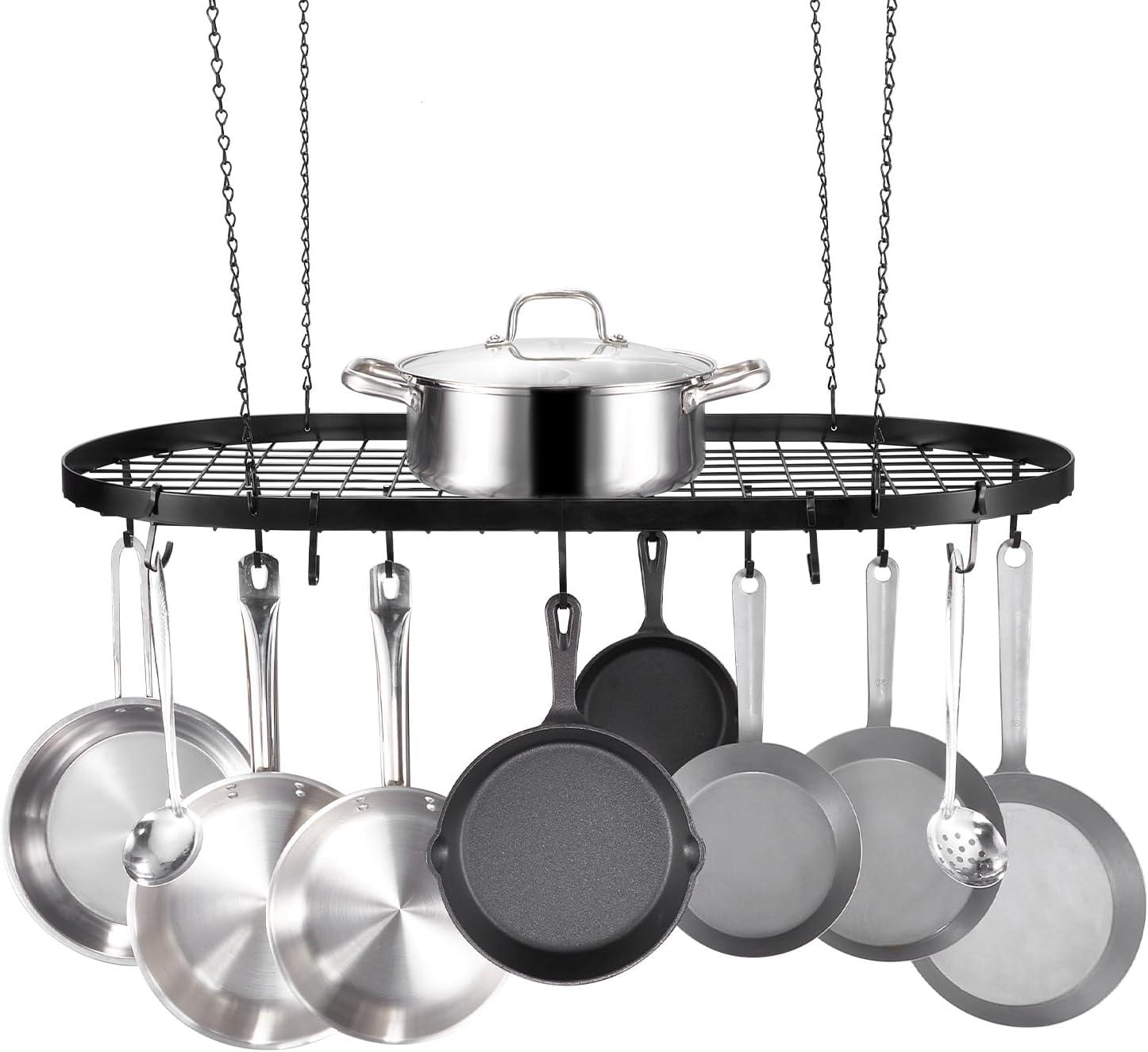 Black Carbon Steel Ceiling Mounted Pot Rack with 12 Hooks