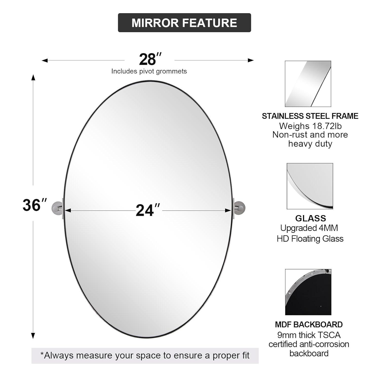 ANDY STAR Wall Mirror for Bathroom, 24x36'' Chrome Oval Bathroom Mirror, Large Oval Wall Mirror for Btahroom, Oblong Pill Shaped Chrome Mirror Stainless Steel Frame Wall Mount Horizontal or Vertical