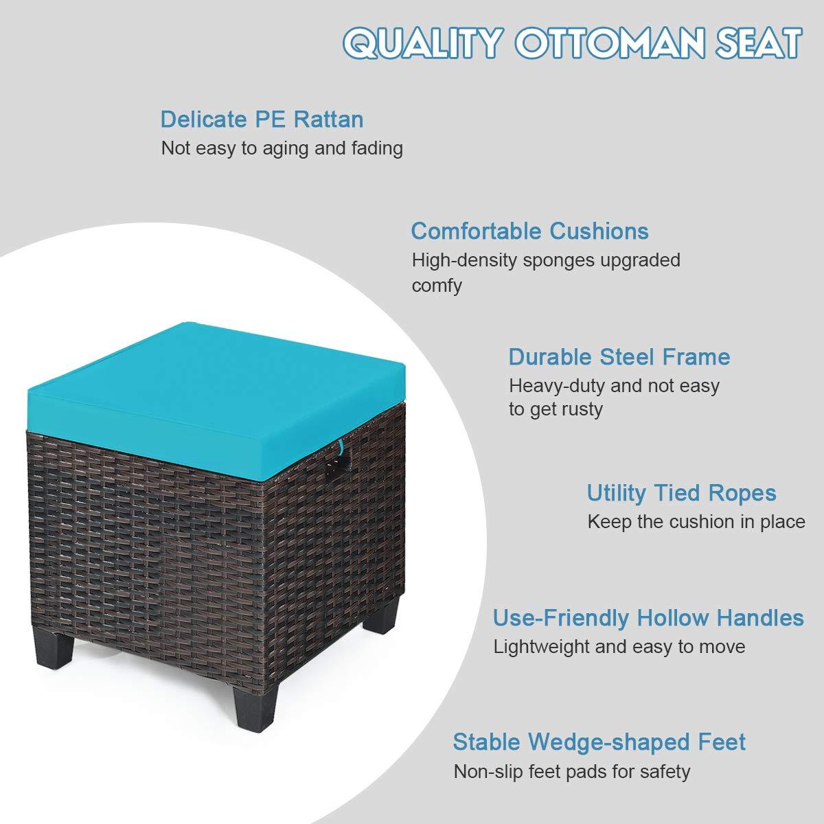 Costway 2PCS Patio Rattan Ottoman Cushioned Seat w/ Foot Rest Turquoise