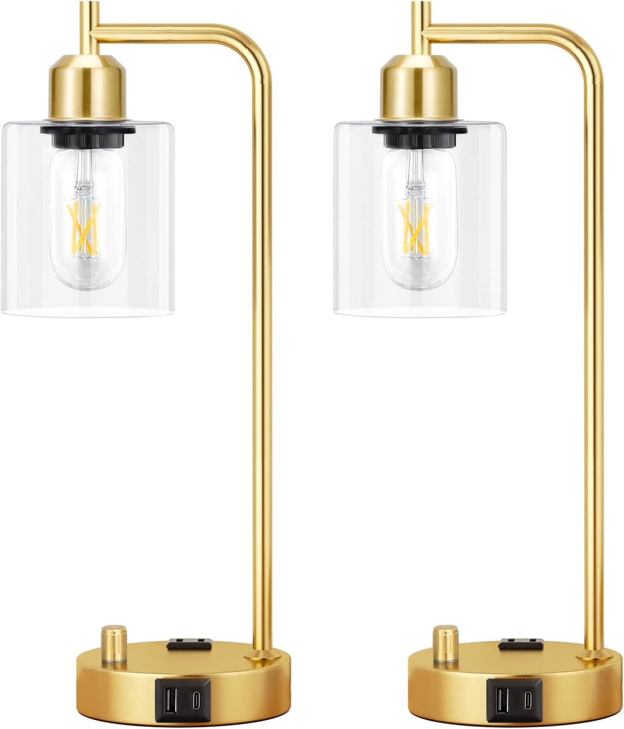 【Upgraded】Set of 2 Industrial Table Lamps with 2 USB Port, Fully Stepless Dimmable Bedside Lamps for Bedroom, Nightstand Desk Lamps with Glass Shade for Bedroom Living Room Office 2 LED Bulb Included