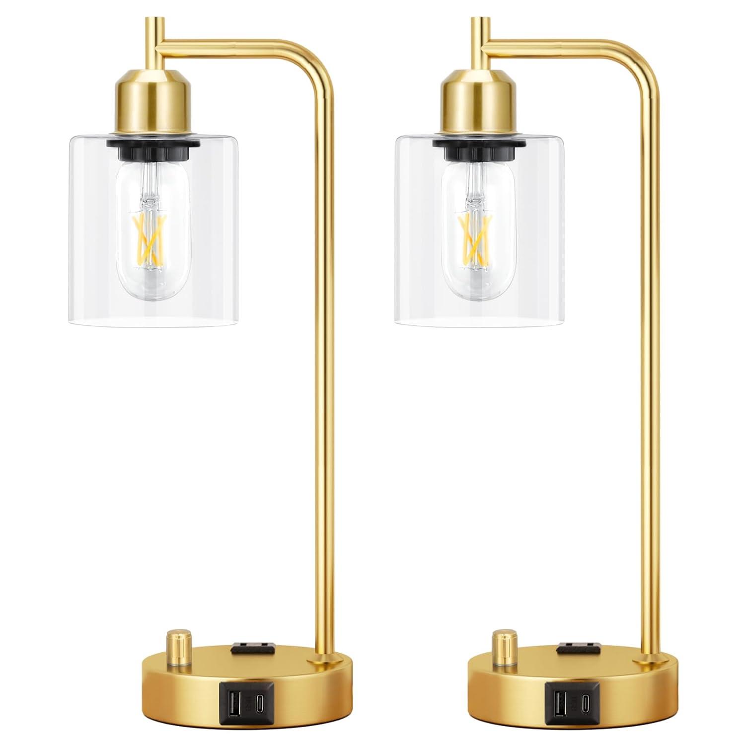 【Upgraded】Set of 2 Industrial Table Lamps with 2 USB Port, Fully Stepless Dimmable Bedside Lamps for Bedroom, Nightstand Desk Lamps with Glass Shade for Bedroom Living Room Office 2 LED Bulb Included