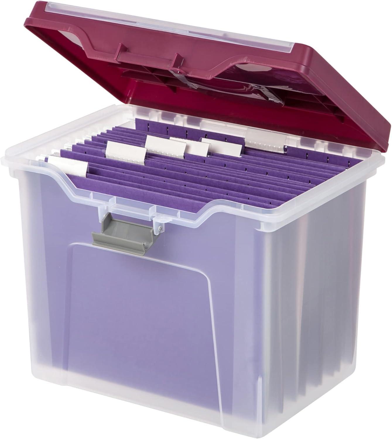 Large Clear and Burgundy Portable File Box with Lockable Buckle