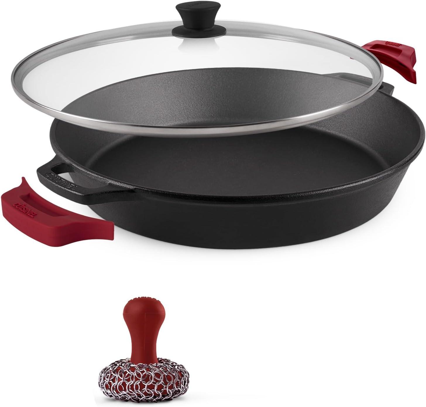 Cuisinel Cast Iron Skillet + Glass Lid + Chainmail Scrubber - 15"-Inch Dual Handle Braiser Frying Pan + Silicone Handle Covers