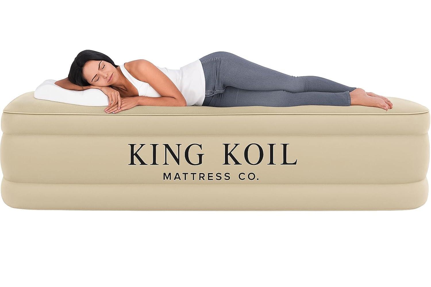 King Koil Luxury Air Mattress 16in Full Size Beige with Built-in Pump for Home, Camping & Guests-Inflatable Airbed Luxury Double High Adjustable Blow Up Mattress, Durable - Portable and Waterproof