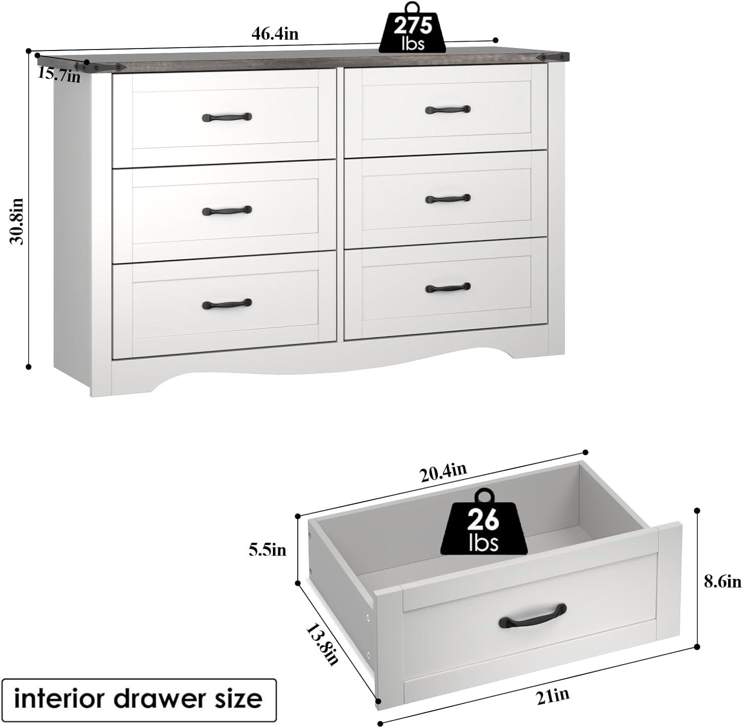 Antique White Farmhouse Double Dresser with Black Handles