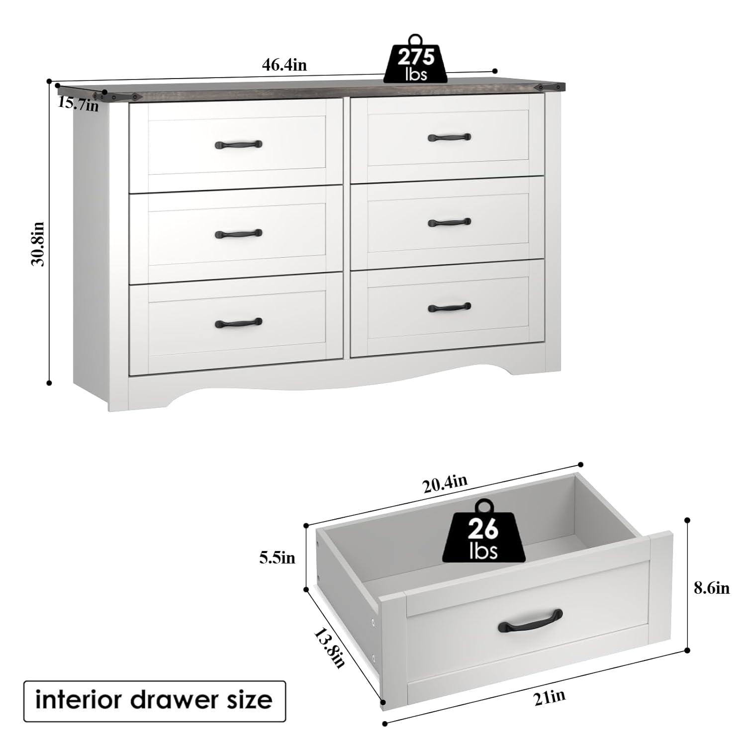 Coulten 6 Drawer 46.4" W Farmhouse 6 Drawers Double Dresser for Bedroom, Modern White Dresser Chest of Drawers, Wide Dressers Organizer, Accent Storage Cabinet for Closet, Living Room, Hallway