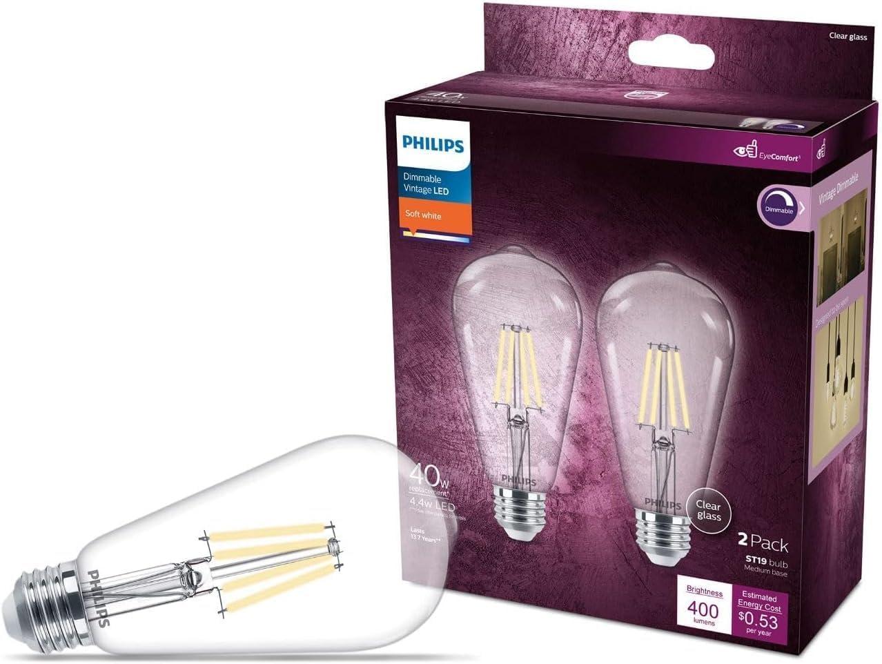 Philips LED 40W Clear ST19 Soft White: Dimmable, 400 Lumens, E26 Base, Energy Star Certified, 2-Pack