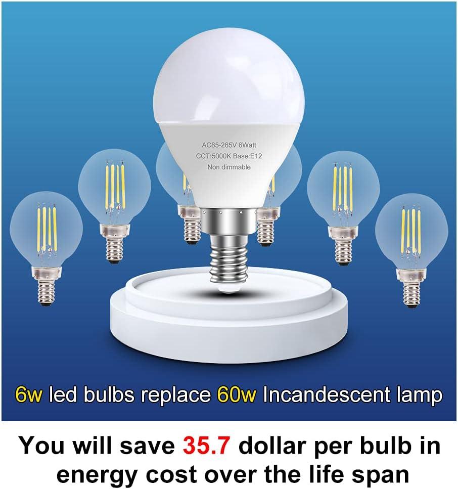 GOSCHE 6 Pack Bright Ceiling Fan Light Bulbs, 60 Watt Equivalent, E12 Led Bulb, A15 Shape Candelabra Base Chandelier Light Bulb, 120V Small Bulb, Non-Dimmable, Daylight 5000K, 6 Pcs