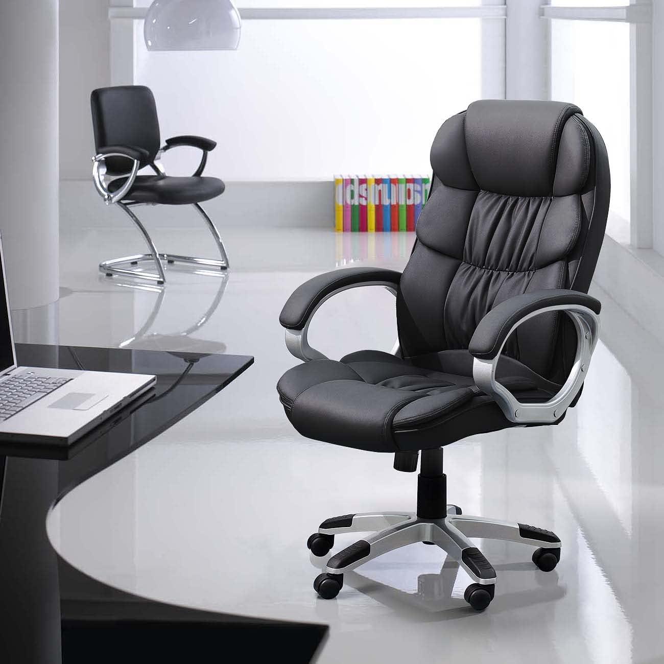 Office Chair High Back Computer Desk Chair, PU Leather Adjustable Height Modern Executive Swivel Task Chair with Padded Armrests and Lumbar Support (Black)