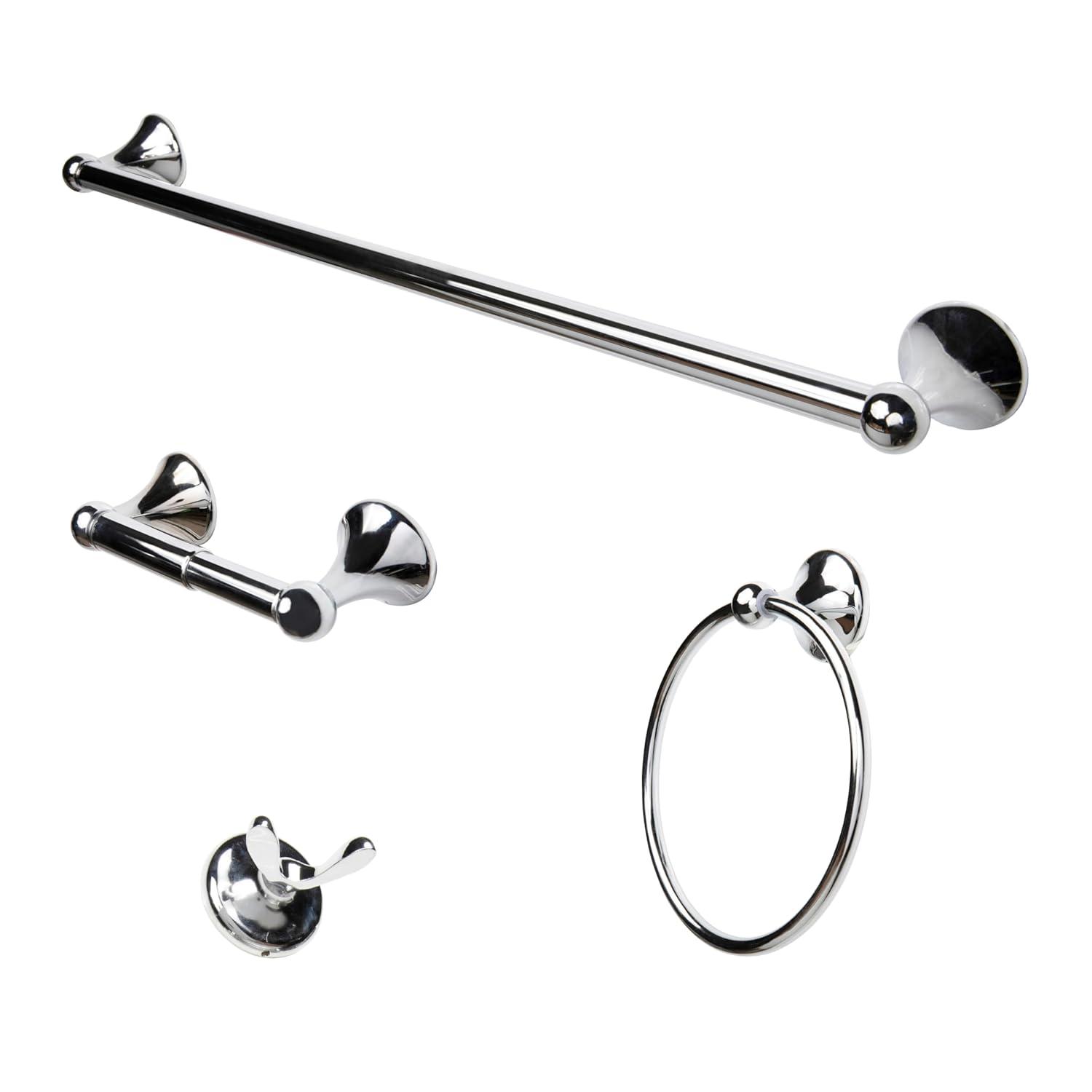4-Piece Bathroom Hardware Accessory Set With 24" Towel Bar (Chrome Finish)