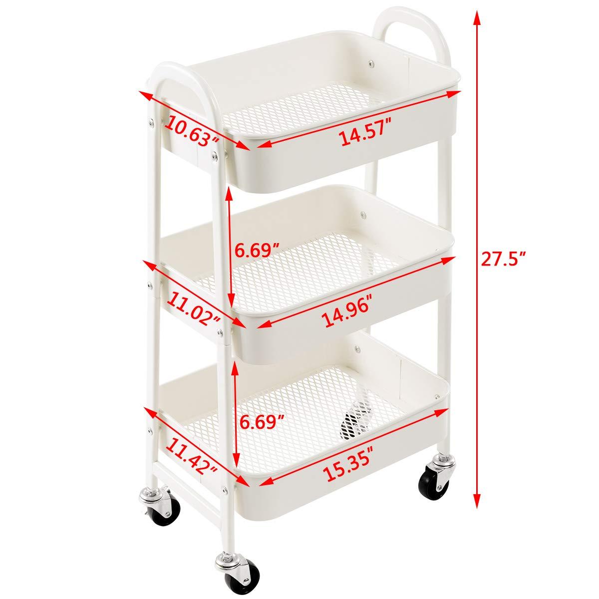 ZUNMOS 3 Tier Utility Rolling Cart, Metal Mobile Storage Cart with Lockable Caster Wheels, Storage Shelves Organizer Cart for Livingroom, Bathroom, Kitchen, & Narrow Places, White