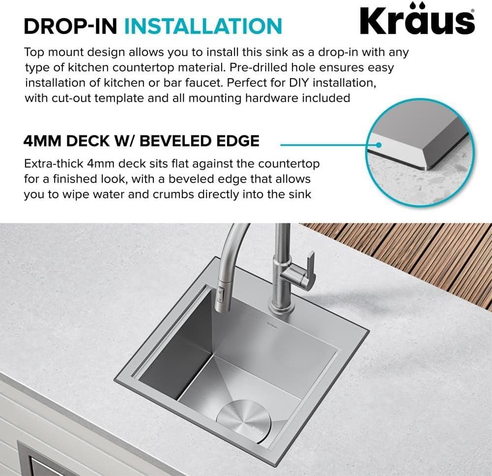 KRAUS Kore™ 15" L Drop-In Top Mount Workstation 16 Gauge Stainless Steel Square Single Bowl Kitchen Bar Sink