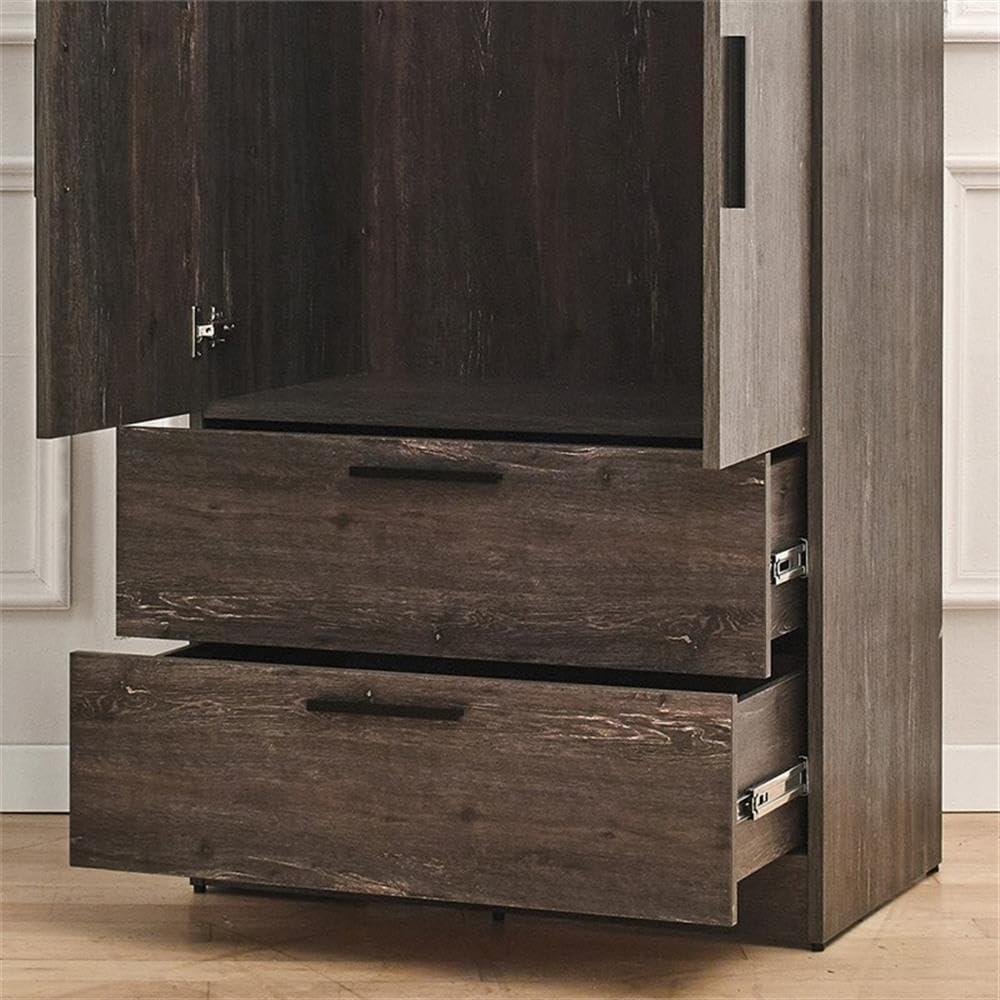 AndMakers Brook Two-Door Wood Closet with Two Drawers and Hanging Bars in Dark Brown