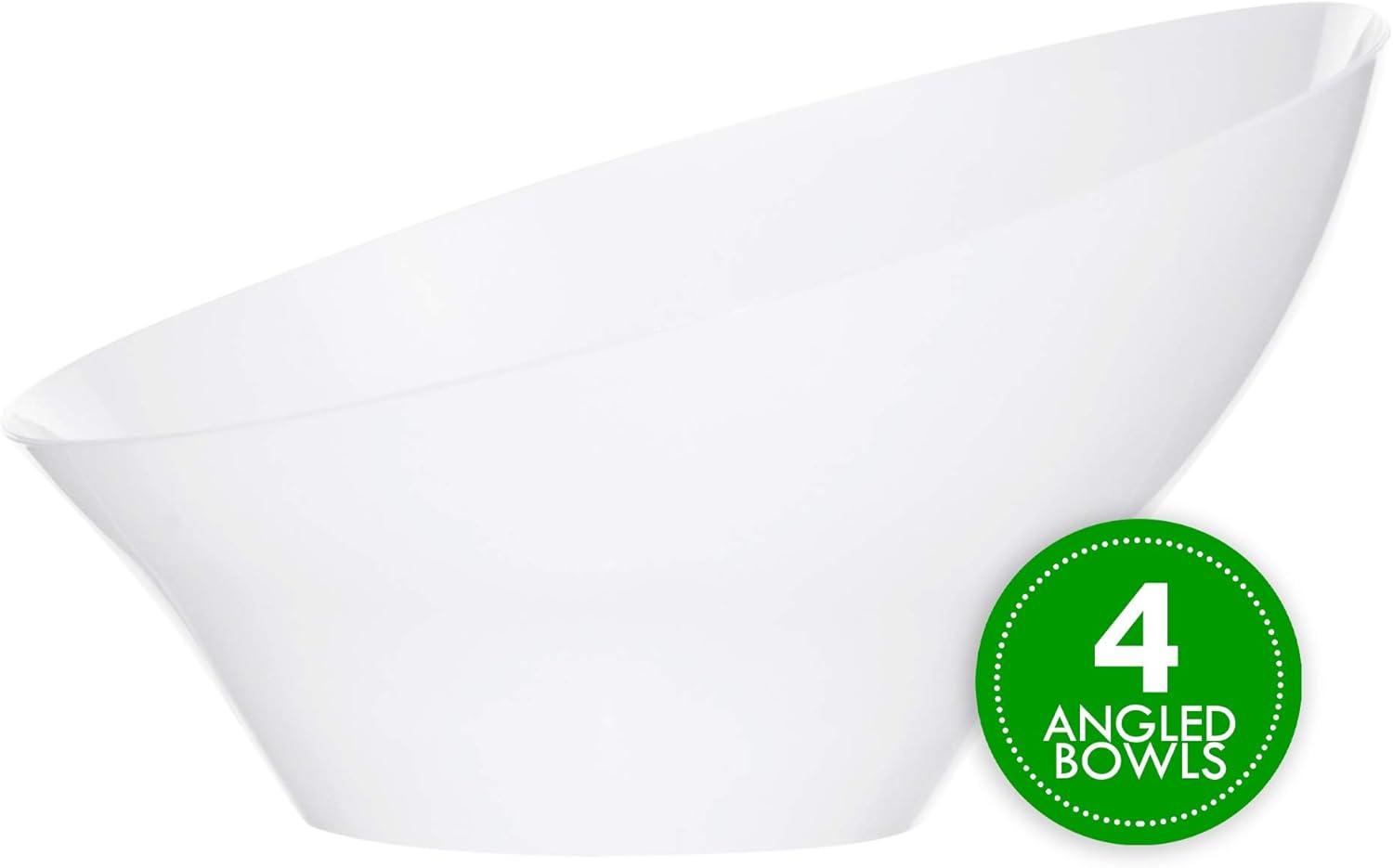 PLASTICPRO Angled Plastic Serving Bowls White Disposable Bowls Party Supplies, Large 4-Pack