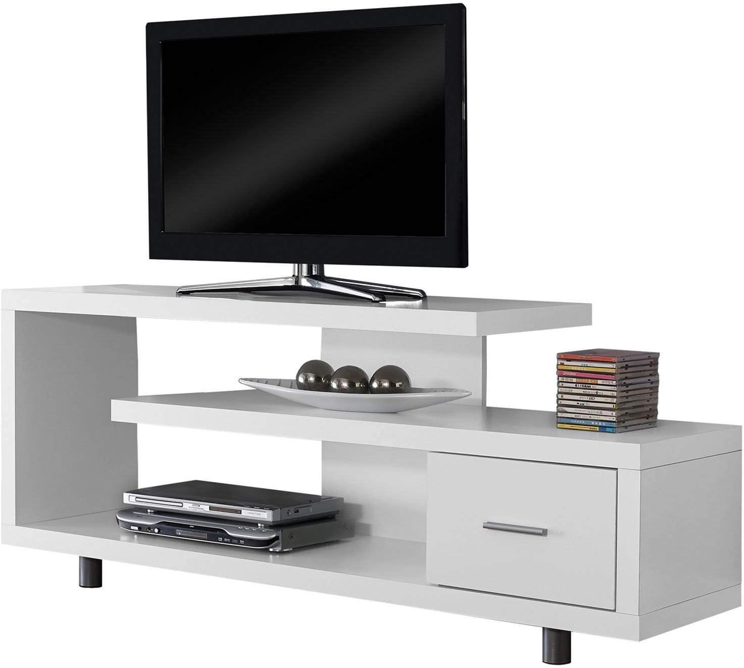 Monarch Specialties 60" Modern Art Deco Entertainment TV Stand w/ Drawer, White