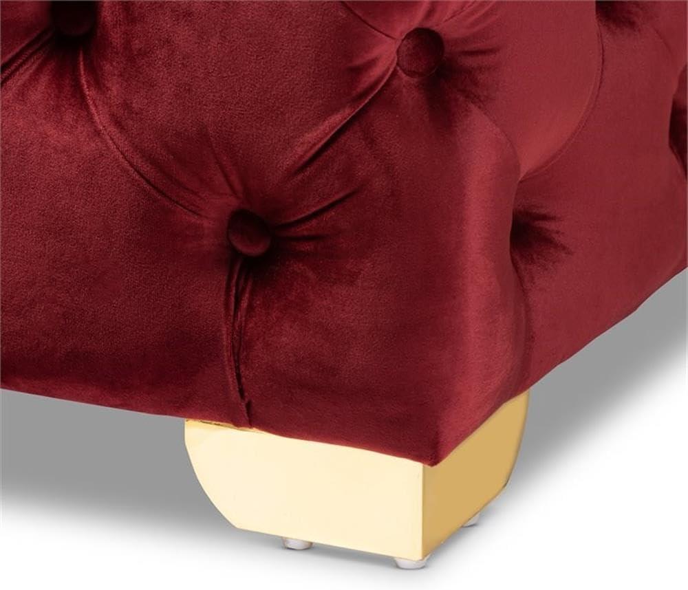 Avara Velvet Button Tufted Bench Ottoman Red - Baxton Studio: Gold Legs, Plywood Frame, Luxurious Bedroom Furniture