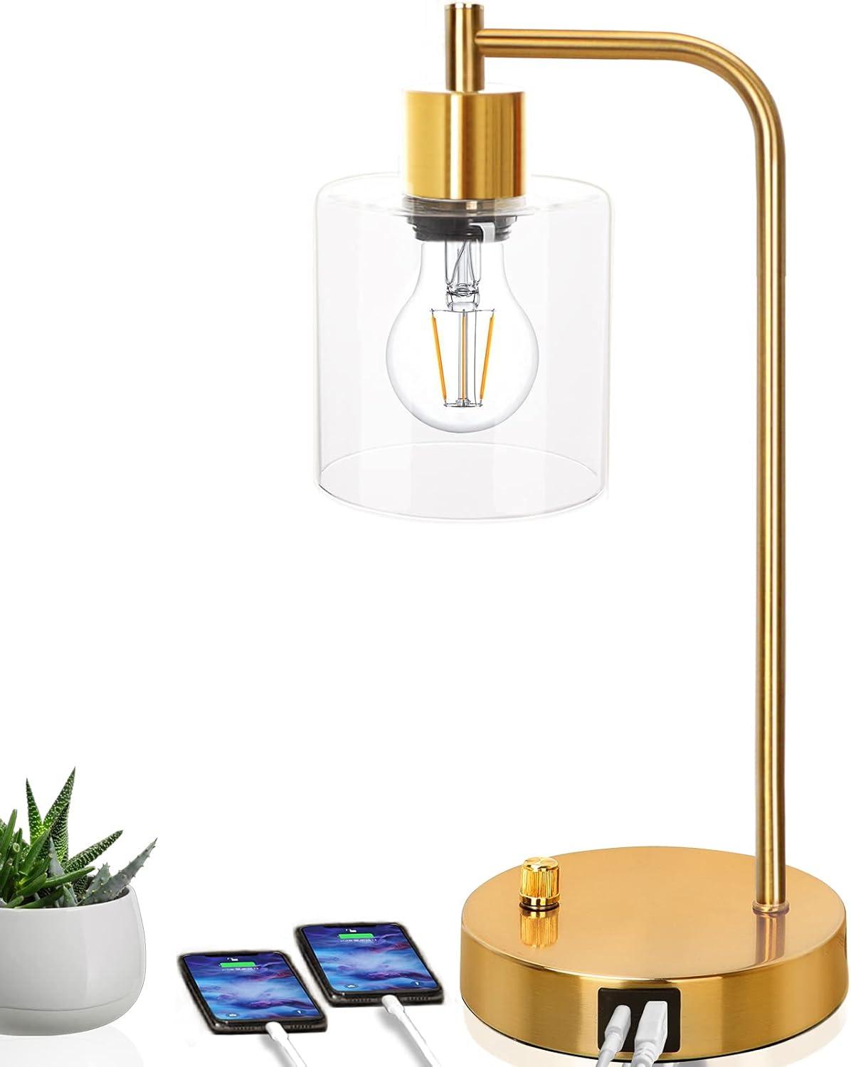 【Upgraded】Set of 2 Industrial Table Lamps with 2 USB Port, Fully Stepless Dimmable Bedside Lamps for Bedroom, Nightstand Desk Lamps with Glass Shade for Bedroom Living Room Office 2 LED Bulb Included