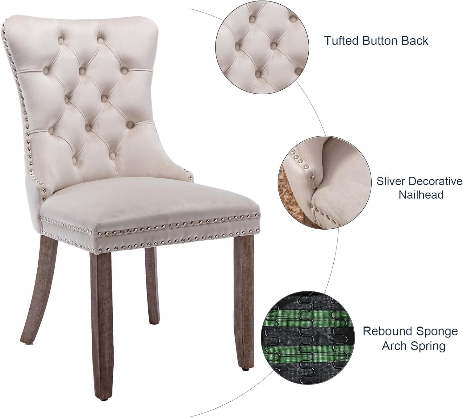 Beige Velvet Dining Chairs Set of 4, Upholstered Dining Room Chairs with Back Ring Pull Trim and Solid Wood Legs, Tufted Wingback Kitchen Chairs for Dining Room,Living Room,Kitchen(Beige)