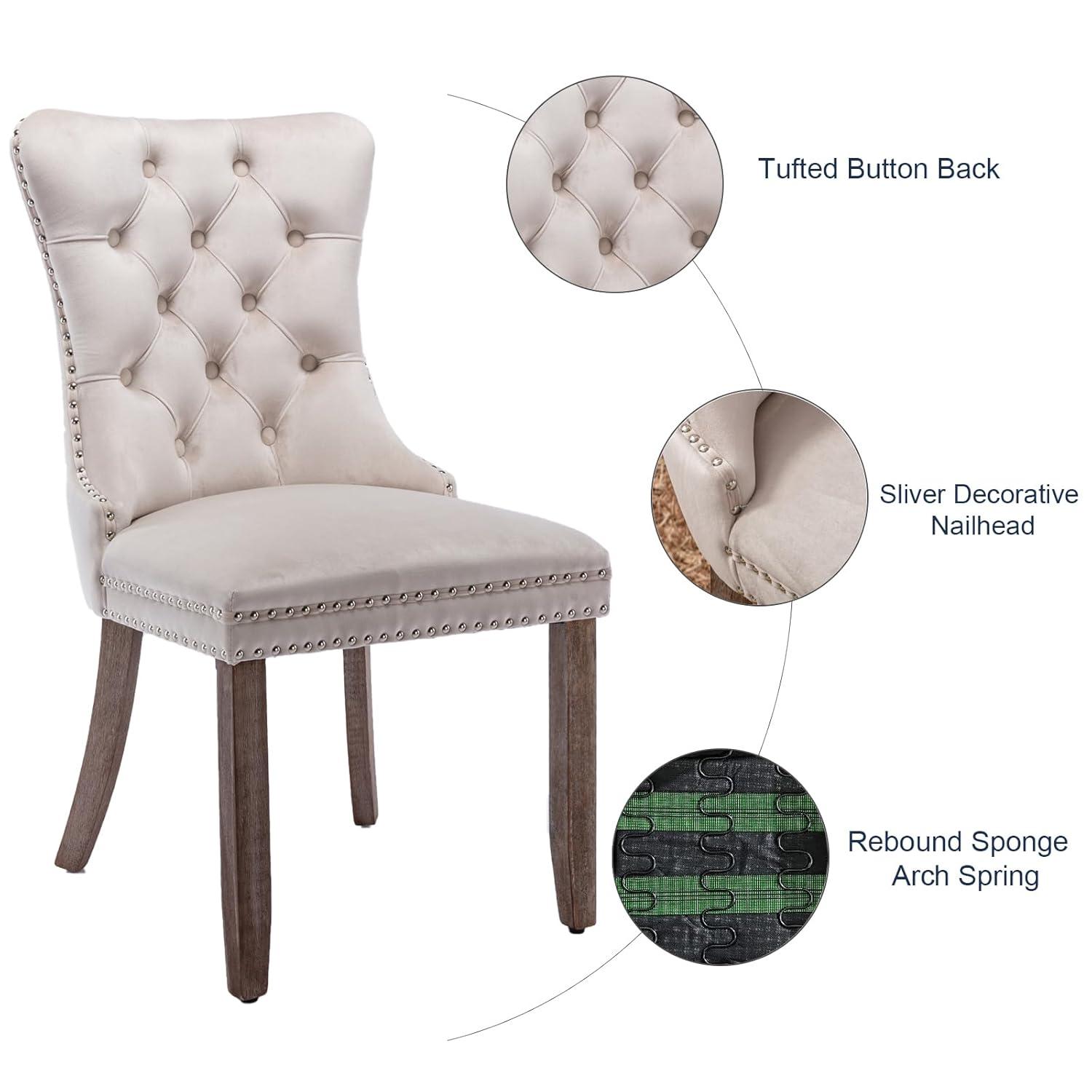 Beige Velvet Dining Chairs Set of 4, Upholstered Dining Room Chairs with Back Ring Pull Trim and Solid Wood Legs, Tufted Wingback Kitchen Chairs for Dining Room,Living Room,Kitchen(Beige)
