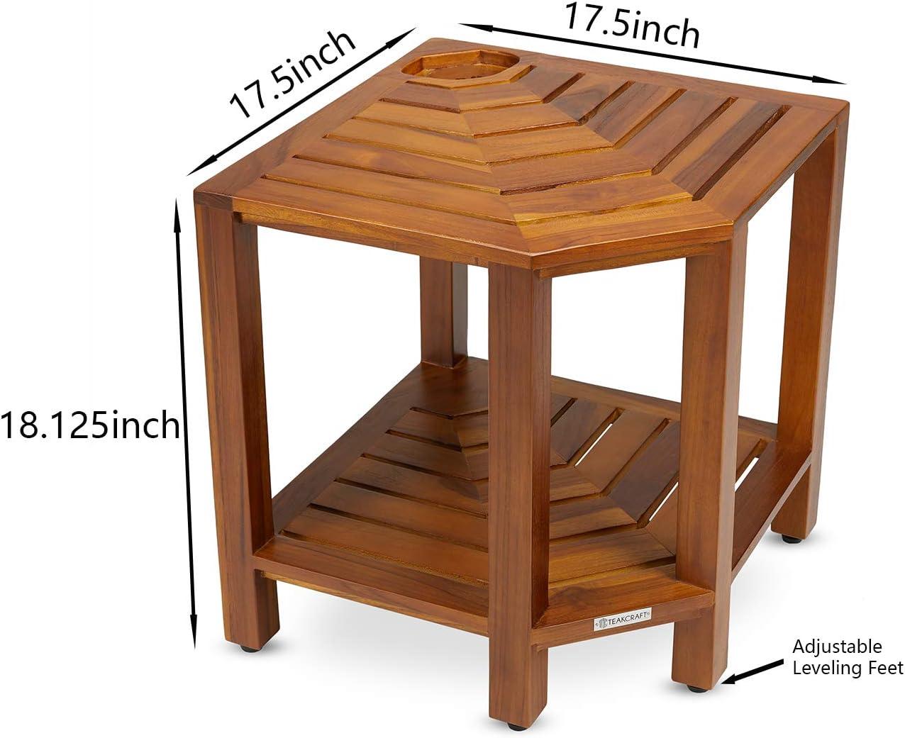 Teak Corner Shower Bench with Shelf and Adjustable Feet