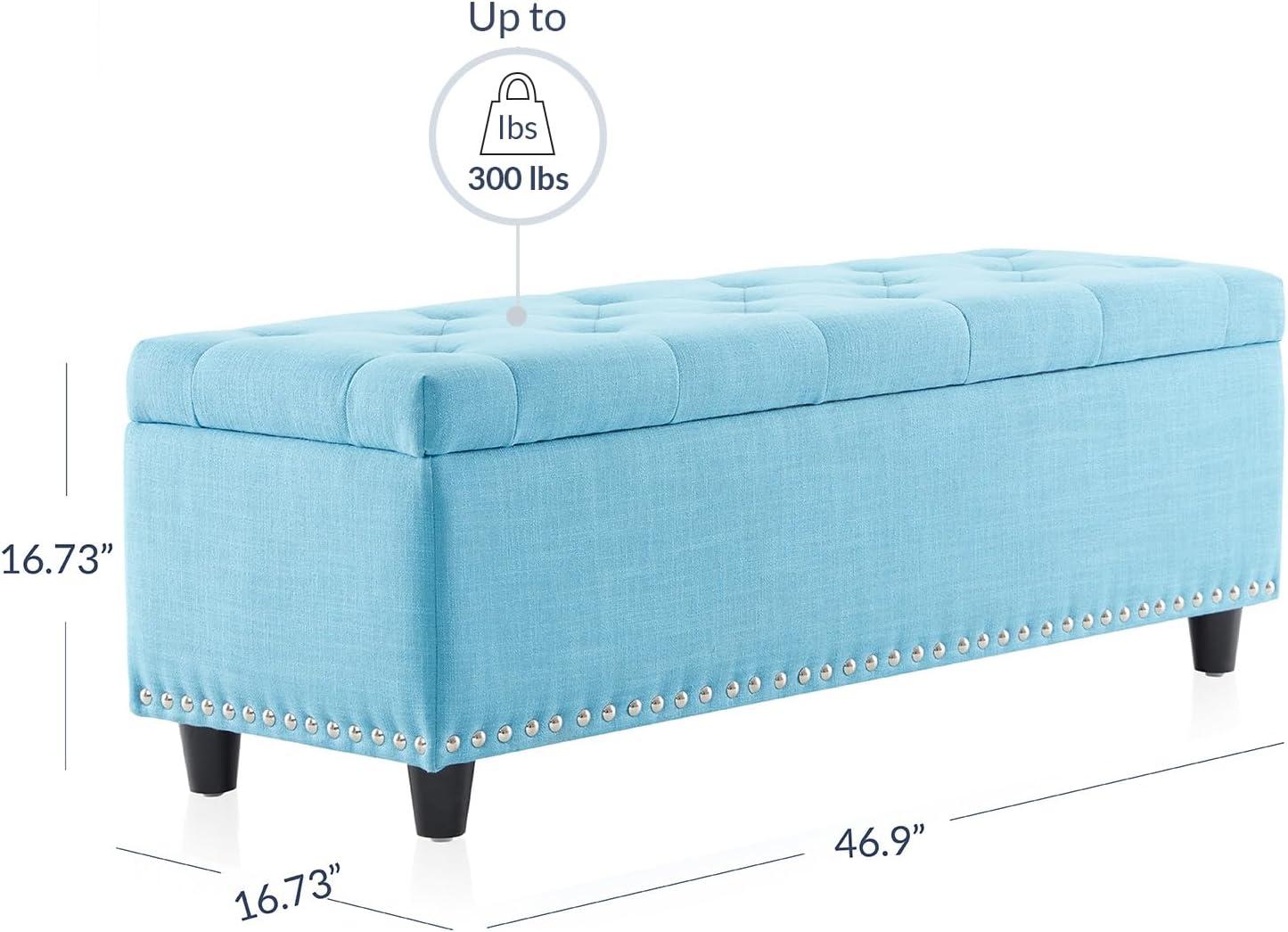 BELLEZE Button-Tufted Linen Storage Ottoman Bench - Brentwood (Blue)